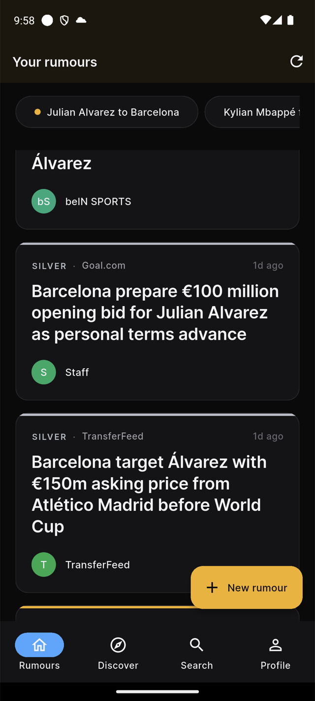 Rumora rumour feed for the Julian Alvarez to Barcelona topic. Cards from Goal.com and TransferFeed scored with silver medals, journalist bylines visible.